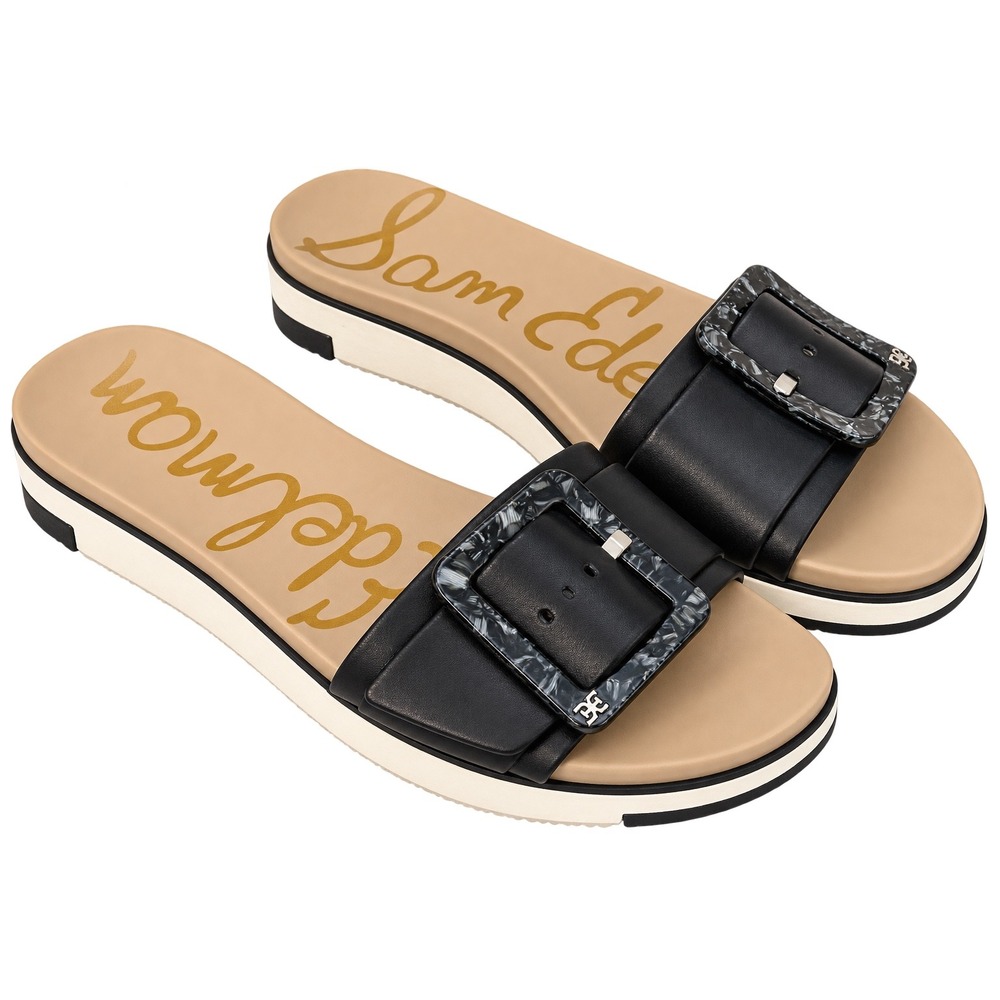 Sam Edelman Women Black Leather Marbled Buckle Slide Sandals Platform Size 9.5